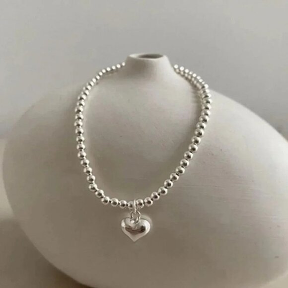 925 Sterling Silver Heart Bead Bracelet Dainty Minimalist Slip On Bracelet - Picture 2 of 3